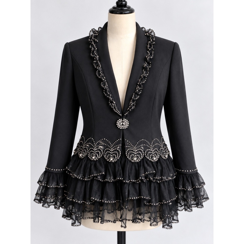 Moshita Couture Black Ruffle Rhinestone Evening Blazer Jacket Size 8